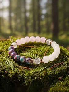 2pc Quartz Beaded Bracelet, Blue Oil Painting Pattern, Rose Gold Spacer, Purification Gift, Daily Soft Light Accessory