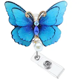 Sparkly Butterfly Badge Reel with Rhinestones Retractable ID Card Holders for Nurse Teacher Worker Work Accessories