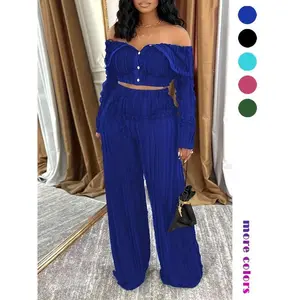 Women’s solid off-shoulder top and wide-leg pants set — elegant loose fashion two-piece outfit for daily outdoor wear; casual summer set; women’s clothing for all seasons; womenswear