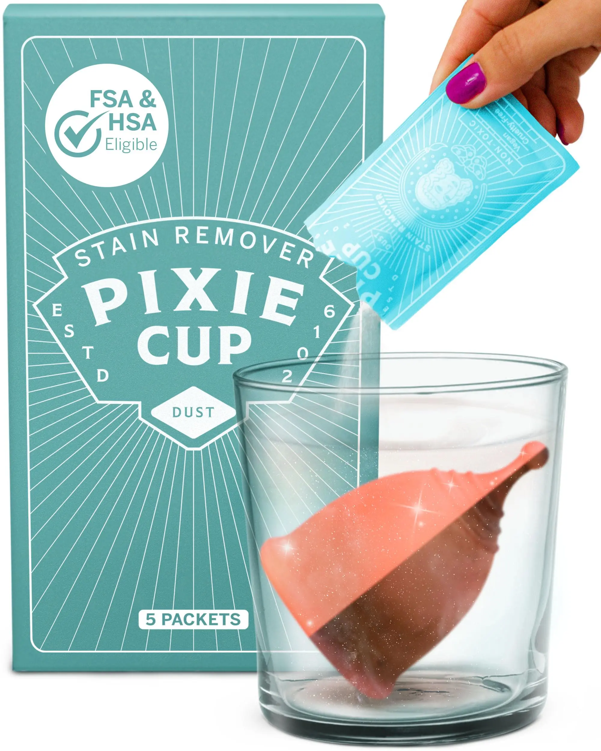 Pixie Cup Stain Remover - The Only Sterilizer Cleaner that Will Remove Stains On Your Reusable Menstrual Discs & Period Cups - Organic and Natural Ingredients for Feminine Care (5 Packets)