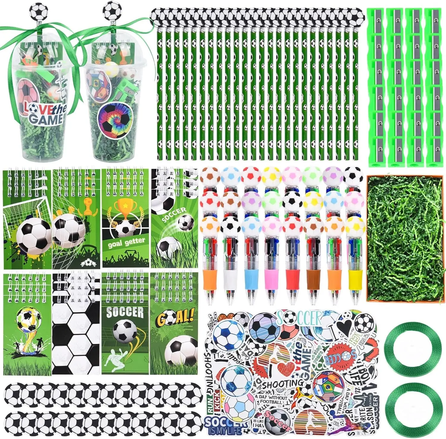 24 Set Soccer Themed Party Favor Stationery Set, Includes Pencils, Erasers, Mini Notebooks & Stickers, Classroom Reward Prizes for Students, Ideal Supplies for Football Birthday Party & Themed Activity