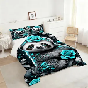 2/3Pcs Whimsical Baby Sloth Comforter Set, Vibrant Cartoon Bedding Set with Floral Accents, Soft Quilted Quilt for a Cozy and Enchanted Bedroom Decor, Perfect for Kids and Sloth Lovers!, 1 or 2 Pillowcase No Pillow Core