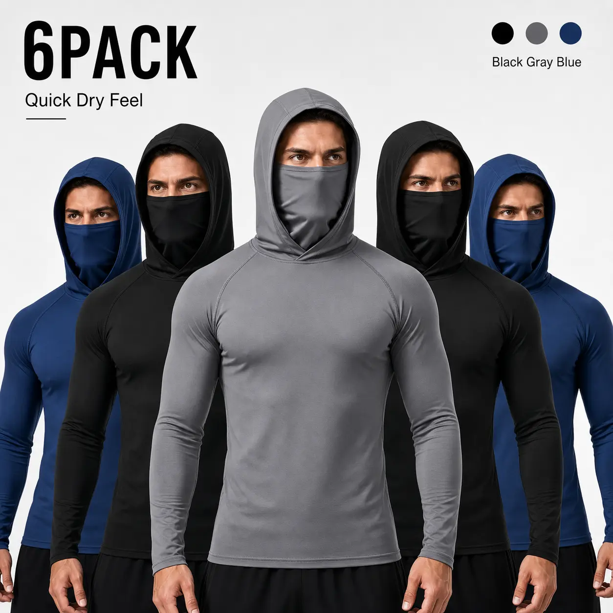 6-Pack Men's Hooded Long Sleeve Sports Pullovers with Full Face and Neck Coverage, Lightweight Quick Dry Athletic Shirts for Strength Workouts, Mountain Hiking, Fishing, Camping, Cycling, Farm Work and Outdoor Recreation