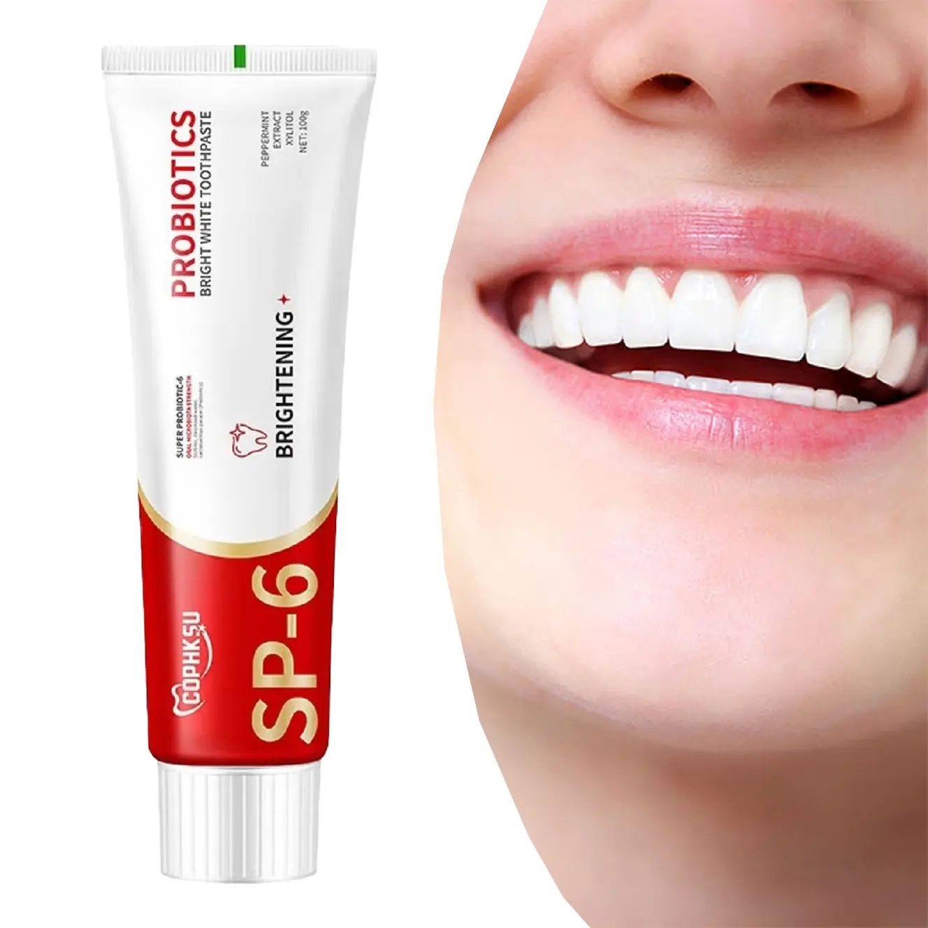 SP-6 Fluoride-Free Alcohol-Free Probiotic Whitening Toothpaste for Adults (100g, 24-Month Shelf Life, Low-Foam Texture) - Mint, Enamel Protection, Anti-Plaque, Stain-Lifting, Brightening, Anti-Bacterial, Maintains Freshness, Daily Oral Care