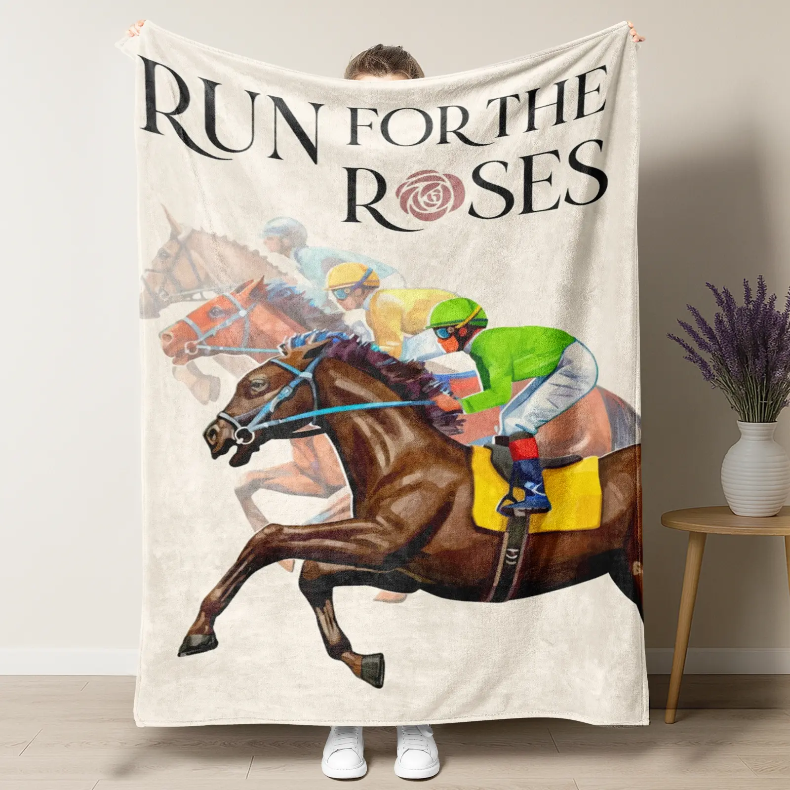 Kentucky Derby Horse Racing Flannel Blanket - 100% Polyester, Elegant "Run for the Roses" Print, Ultra Soft Throw, Cozy Style, Comfy Vibes, Indoor/Outdoor Watch Party Gift for Equestrian Enthusiasts, Flannel Look