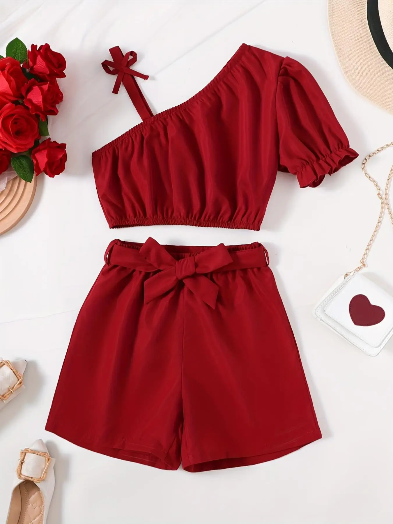 Two-Piece Set Girl's Plain Asymmetrical Neck Flounce Sleeve Crop Blouse & Belted Shorts Set, Casual Fashion Short Sleeve Bow Decor Top & Shorts for Da