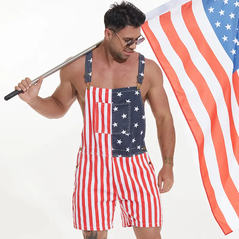 Yuanbang Unisex USA Flag Comfortable Denim Overalls Shorts - Adjustable, Stretch, Zip Closure, Pockets - Party Denim Jumpsuits & Rompers, Coverall Bib Jumpsuits & Rompers, Adjustable Jumpsuits & Rompers