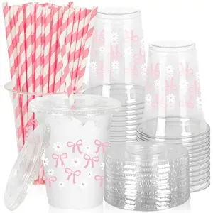 Cute Bowknot Daisy Party Cups, Straws & Lids, Disposable Tableware for Girl's Events, Weddings, New Year, Christmas, Plastic Clear Cups