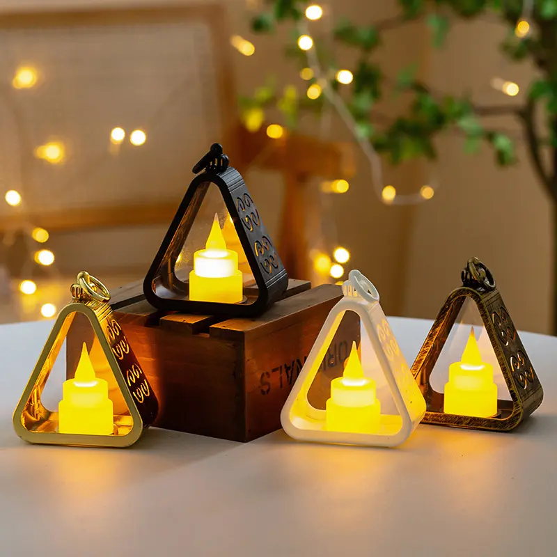 Triangular Hanging Led Candle Lantern, Hollow‑out Wind Lamp With Flickering Tea Light, Vintage Portable Decor Light For Wedding Table Centerpiece, Holiday Party Ornament, Bedroom And Patio Ambient Lighting
