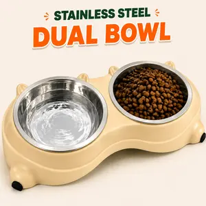 EcoJoy Raised Cat Feeder Double-Bowls Set - 15° Tilted Angle Stainless Steel Bowls, Non-Slip Modern Pet Dining Station, Digestion Aid, Reduces Vomiting for Food & Water