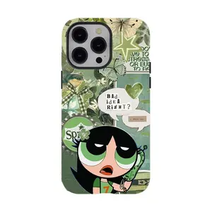 Powerpuff Girls Buttercup Collage Phone Case, Vintage Cartoon Tough Protective Cover, Cute Trendy Gift, Compatible with iPhone 11-17 Pro Max/Plus and Samsung Galaxy S23-25