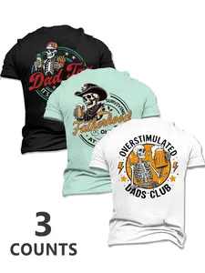 Men's Skull Beer Food Print Round Neck Fitted Short Sleeve Shirt, Trendy Comfortable Clothing, Stylish Gothic Punk Pattern T-Shirt Gift for Fans