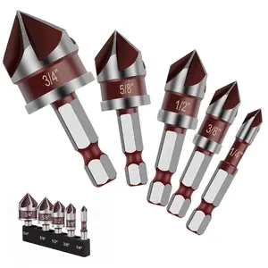 5PCS Countersink Drill Bit Set, Premium Countersink Drill Bit with 82-Degree, 5 Flutes 1/4 Inch Quick-Change Hex Shank, 1/4 Inch to 3/4 Inch Size, Counter Sink Drill Bits for Wood, Metal, Plastic, DIY