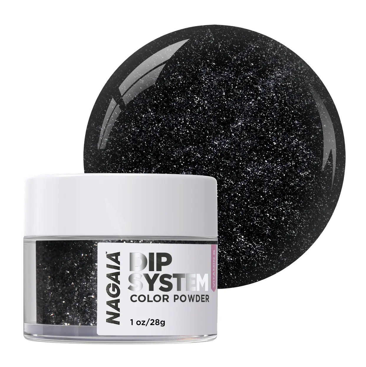 Ebony Eclipse, Black Super Shine, NAGAIA Dip Powder System, Super Fine Nails Dipping Powder Vitamin E and Calcium