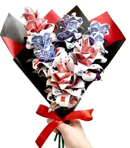 Handmade Playing Card Rose Bouquets - Real Card Petals, Red & Blue Backs, Green Stems, Black & Red Paper, Perfect for Gifts