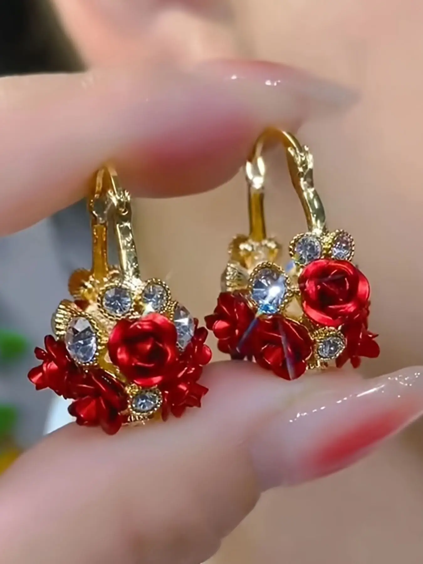 Elegant Rose Rhinestone Earrings, Flower Earrings, Hoop Earrings, French Vintage Style Ear Cuffs for Women, Perfect Bridal Party Jewelry Gift, Earcuff
