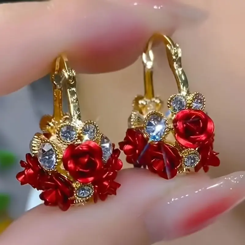 Elegant Rose Rhinestone Earrings, Flower Earrings, Hoop Earrings, French Vintage Style Ear Cuffs for Women, Perfect Bridal Party Jewelry Gift, Earcuff