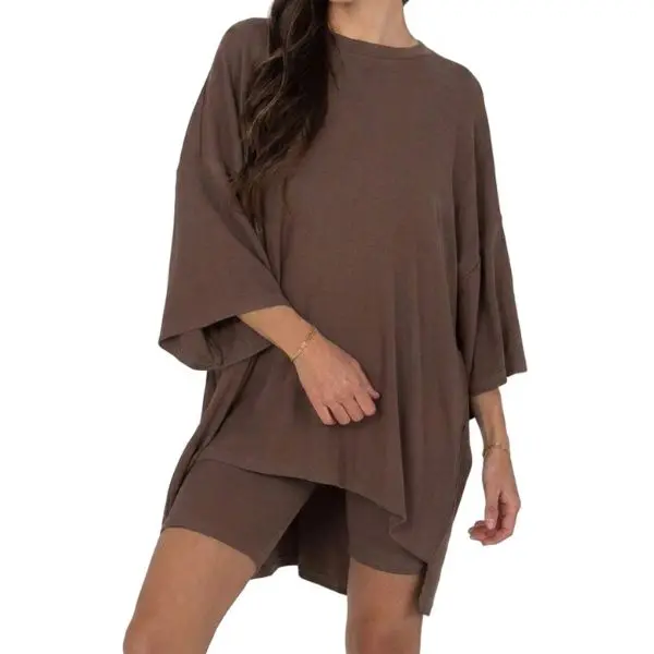 Fisoew Women's 2 Piece Loungewear Matching Set, Oversized Crew Neck Side Slit 3/4 Sleeve Tunic Top & Ribbed High Waist Biker Shorts Casual Outfit