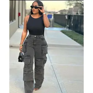 Women's Jeans New Trendy Multi-Pocket Washed Cargo Jeans Can be used with raincoat