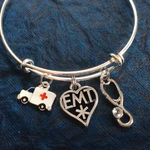 Stethoscope Ambulance and EMT Medical Charm on a Silver Expandable Adjustable Bangle Bracelet Paramedic EMT One Size Fits All