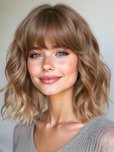 12 Inch Gradient Curly Bob Wig with Bangs, Natural Rose Net Cap, Heat Resistant, Suitable for Daily Wear, Parties, Christmas