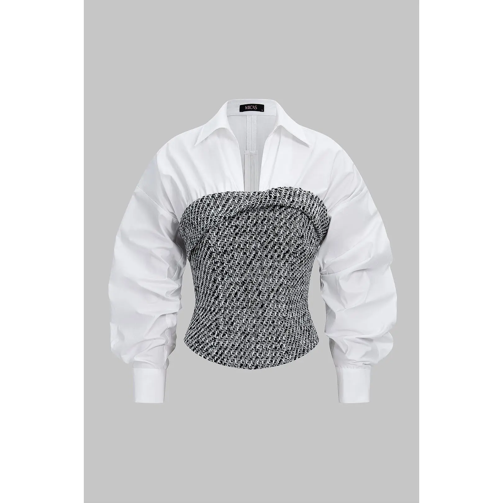Tweed Patchwork Asymmetrical Gigot Long-Sleeve Shirt