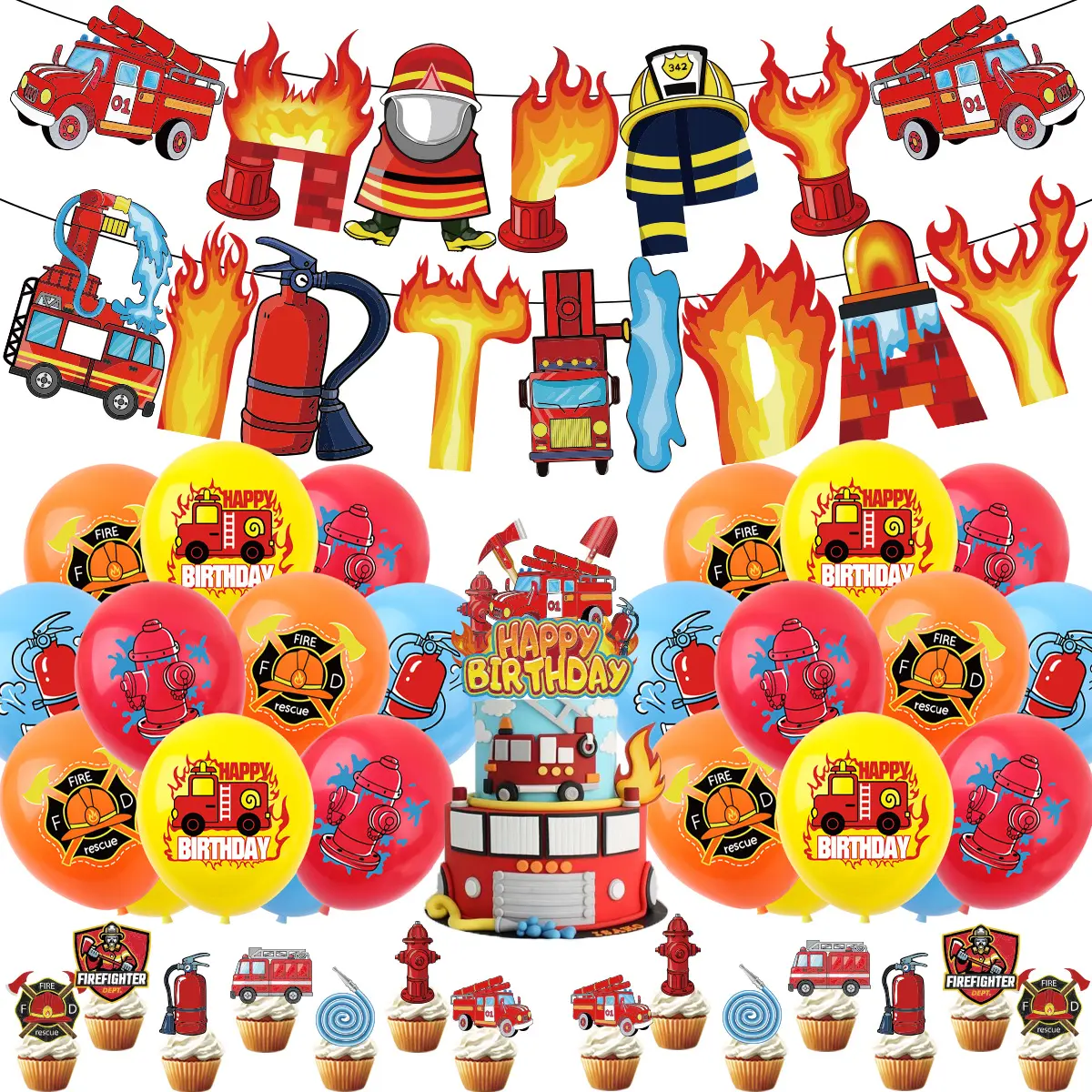 Fire truck theme children's birthday party Sam Fireman pull flag banner balloon cake insert decoration set