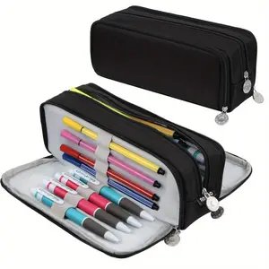 Large Capacity Pencil Case Big Pencil Bag Pouch 3 Compartment Pen Cases for Office Organizer High Storage Makeup Bag Men Women Adults, Black, Office Stationery Supplies