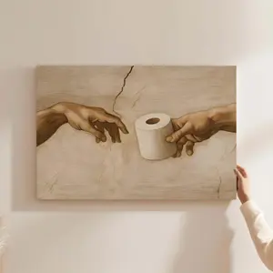 Fun Michelangelo-Inspired Bathroom Art — A Humorous Toilet Paper-Themed Poster. Creative Wall Decor and Birthday Gift Idea. Suitable for decorating living rooms, bedrooms, kitchens, bathrooms, and hallways; reusable.
