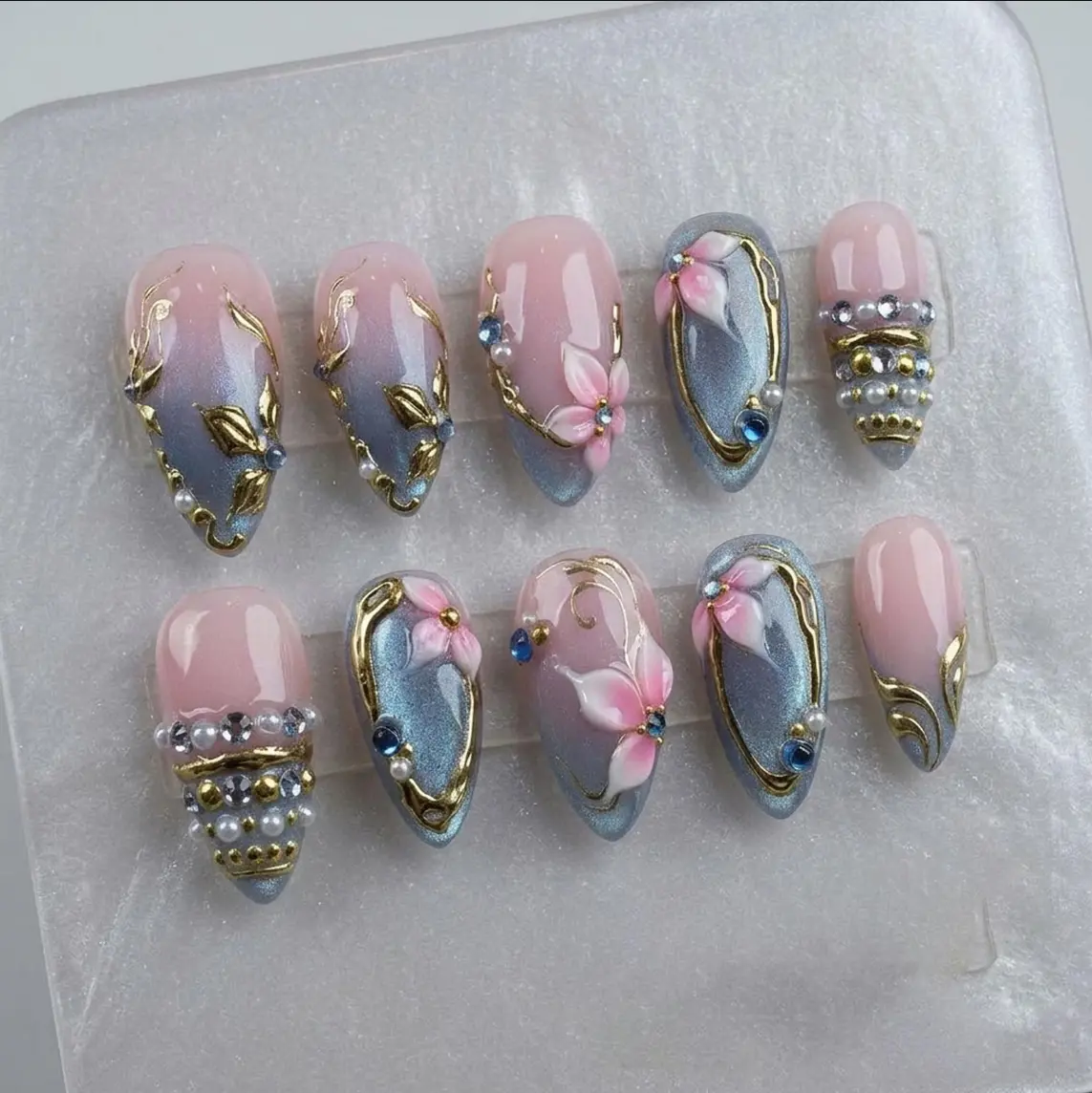 Pastel Floral Press On Nails, Pink Blue 3D Flower Nails, Gold Chrome Nail Art, Elegant Japanese Style Nails