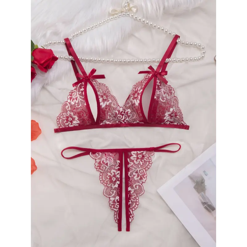 Women's Sexy Lingerie Suit, Large Bow-shaped Fan-edged Ultra-thin Translucent Lace Bra And Panties 2-piece Set
