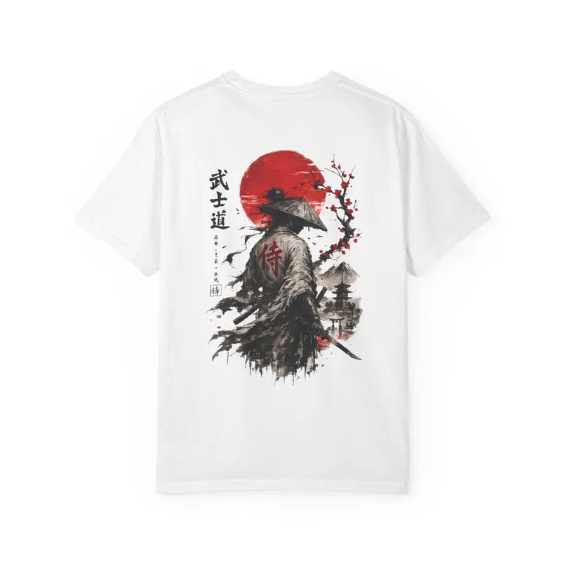 Men's Japanese Samurai Back Graphic Print Short-Sleeve Top, Vintage Bushido Art Menswear T-Shirt, Tops, Shortsleeve