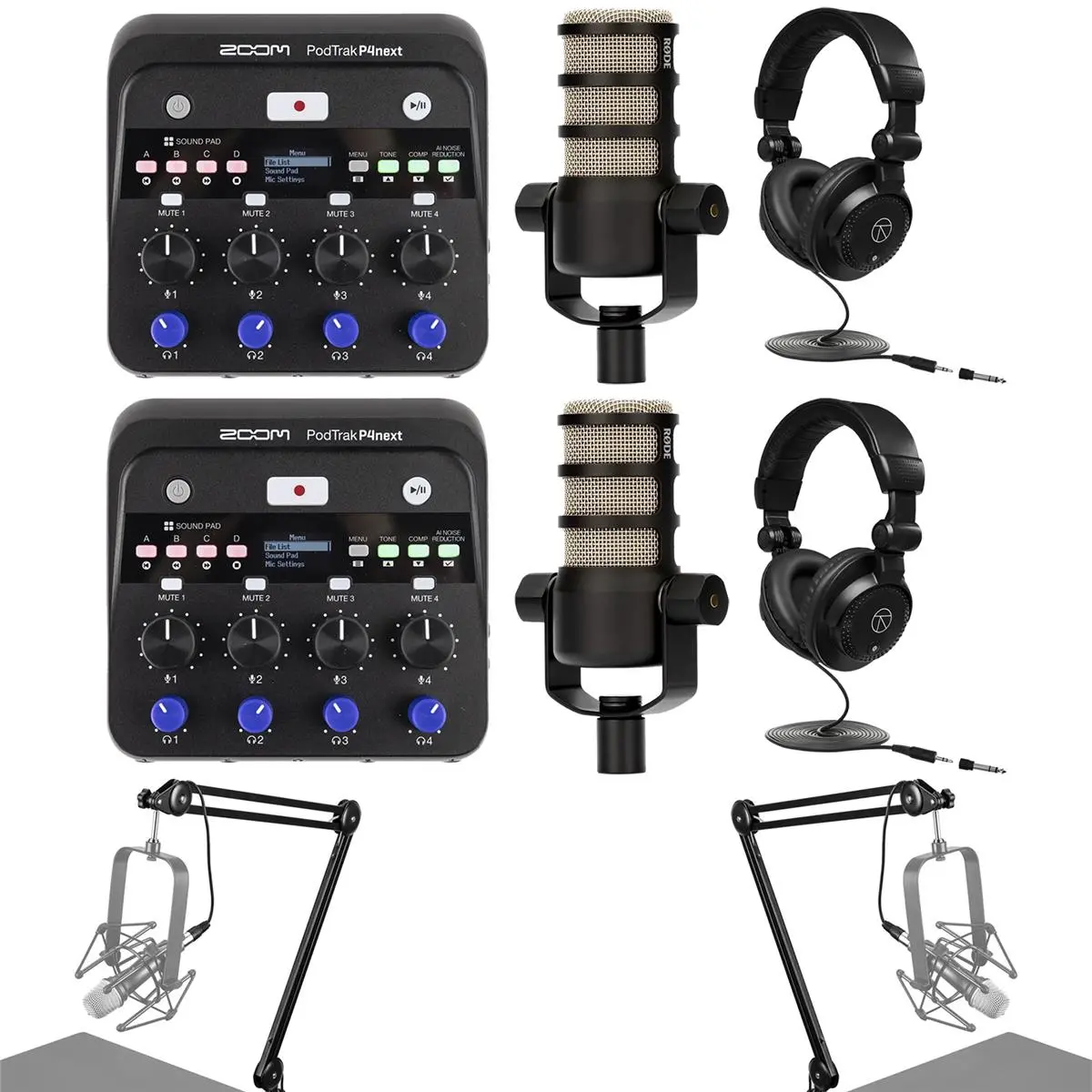 Zoom PodTrak P4next Podcast Recorder with PodMic Dynamic Podcasting Microphone, Closed-Back Studio Monitor Headphones, and Broadcast Arm with Internal Springs and Integrated 10' XLR Cable