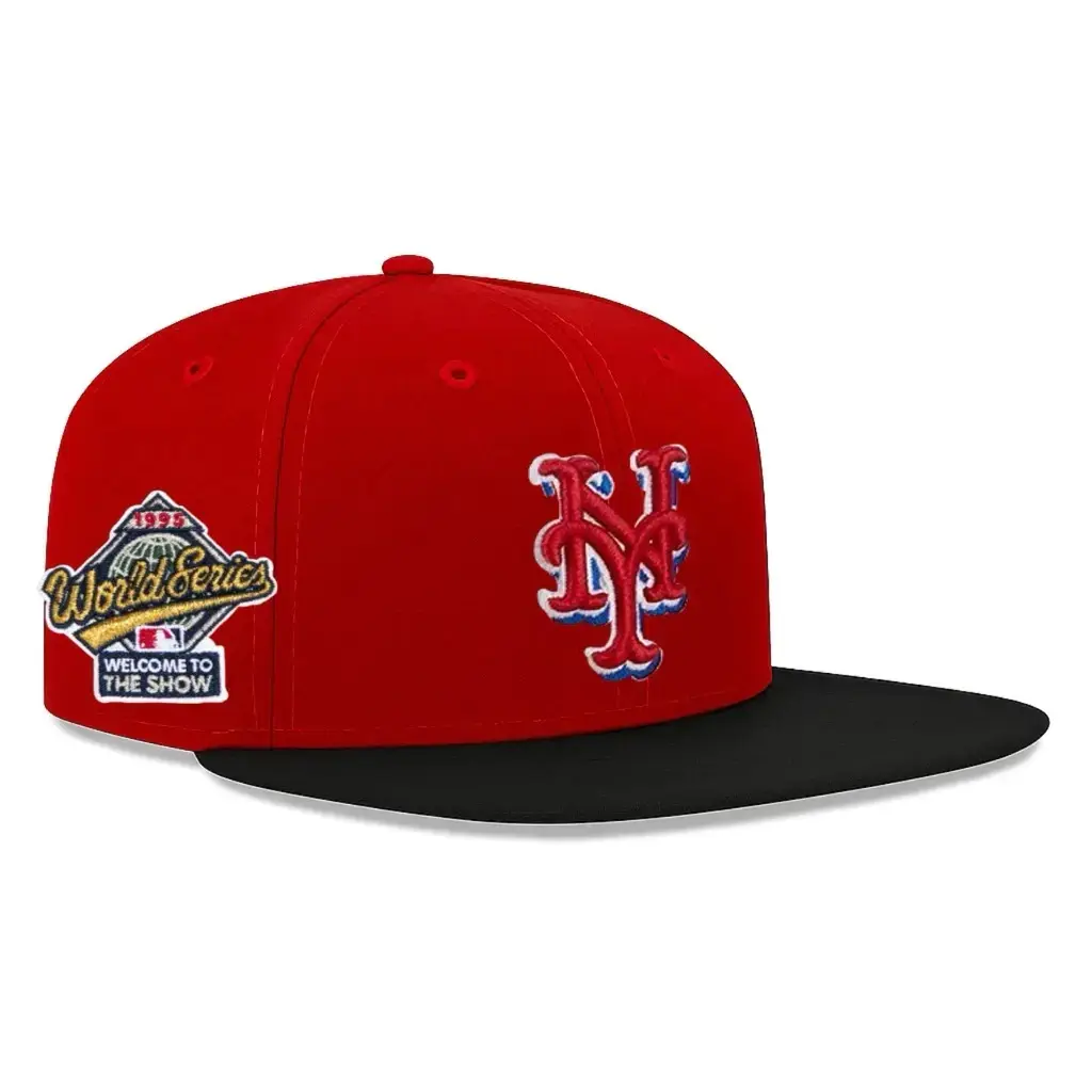 New Era MLB New York Mets World Series 9FIFTY Snapback Cap Black Embroidered Logo Blue Red Outline Baseball Hat Flat Brim Streetwear Limited Edition Gorras