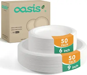 100PCS Compostable Paper Plates Set – Includes 50pcs 6 Inch & 50pcs 9 Inch Bagasse Plates, Heavy-Duty Eco-Friendly Disposable Plates for Party, Picnic, Camping, Wedding, Holiday Meals (White)
