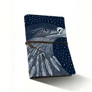 A6 Composition Notebook, 160 Pages Vintage Thick Paper, Tethered Closure & Metal Leaf, Stipple Eagle Head Design, Ideal Christmas Gift