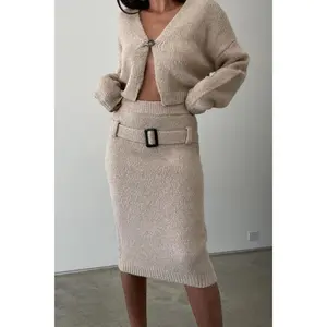 Wool Blended Knit Cropped Cardigan and Belted Skirt Sets