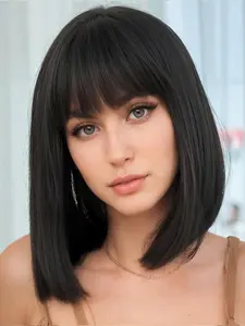 2026 Hot Sale Glueless Straight Bob Wig With Bangs Synthetic Hair Ombre Highlight Blunt Cut Short Wigs For Women Water Wave Daily Fashion