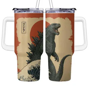 Godzilla 40oz 20oz Tumbler with Handle Straw, Kaiju Tumbler Vintage Japanese Giant Monster Great Wave Tumbler, Custom Name Tumbler Gift