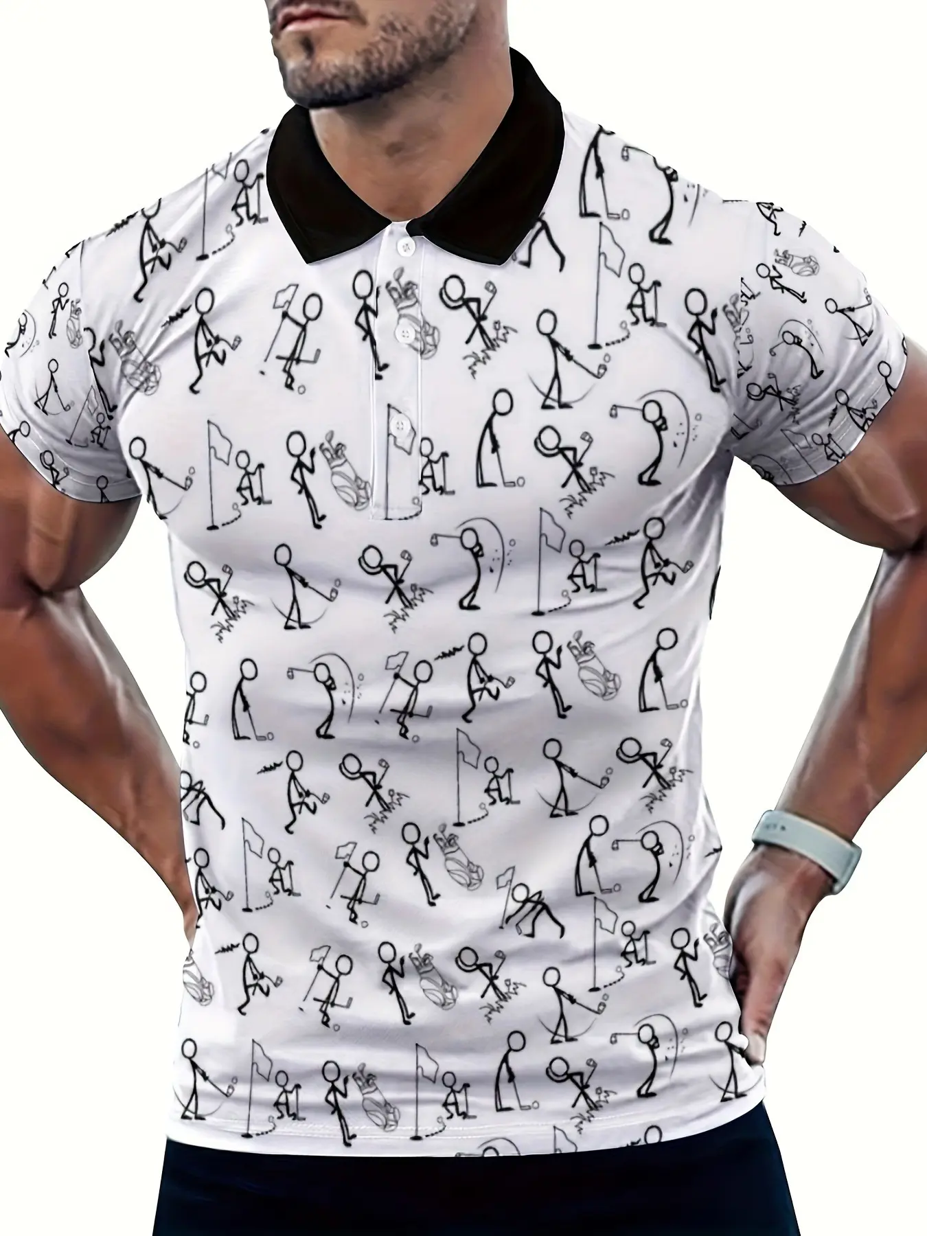Men's polo shirt - Summer Polos cartoon golf-themed fun print short-sleeved T-shirt - Color-matching black collar casual top - Breathable and quick-drying - Versatile for golf sports and daily commuting men's wear