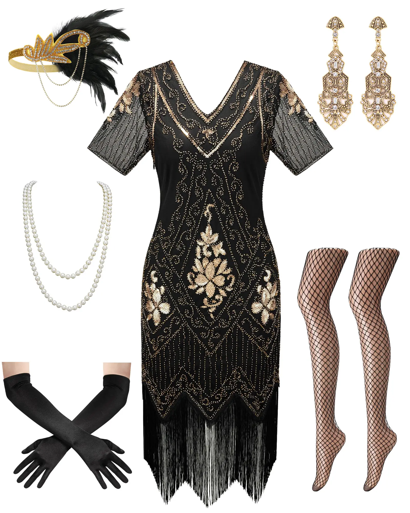 Women 1920s Flapper Dress Great Gatsby Costume Set, Roaring 20s Beaded Fringe Dress with Gold Feather Headband, Pearl Necklace, Drop Earrings, Long Gloves & Fishnet Stockings, Vintage Party Cosplay Outfit