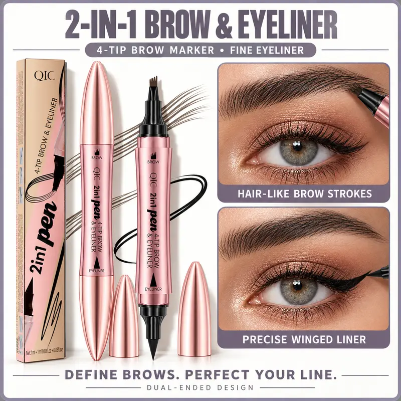 2-in-1 Eyebrow Pen and Liquid Eyeliner, Dual-Ended 4-Prong Brow Marker for Hair-Like Strokes, Fine-Tip Eye Liner for Precise Lines, Brow Definition and Winged Eye Makeup