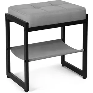 Vanity Stool, Linen Fabric Footstool, Bench with Storage Shelf, Makeup Dressing Stool for Dressing Table, Living Room, Bedroom,Grey&Black