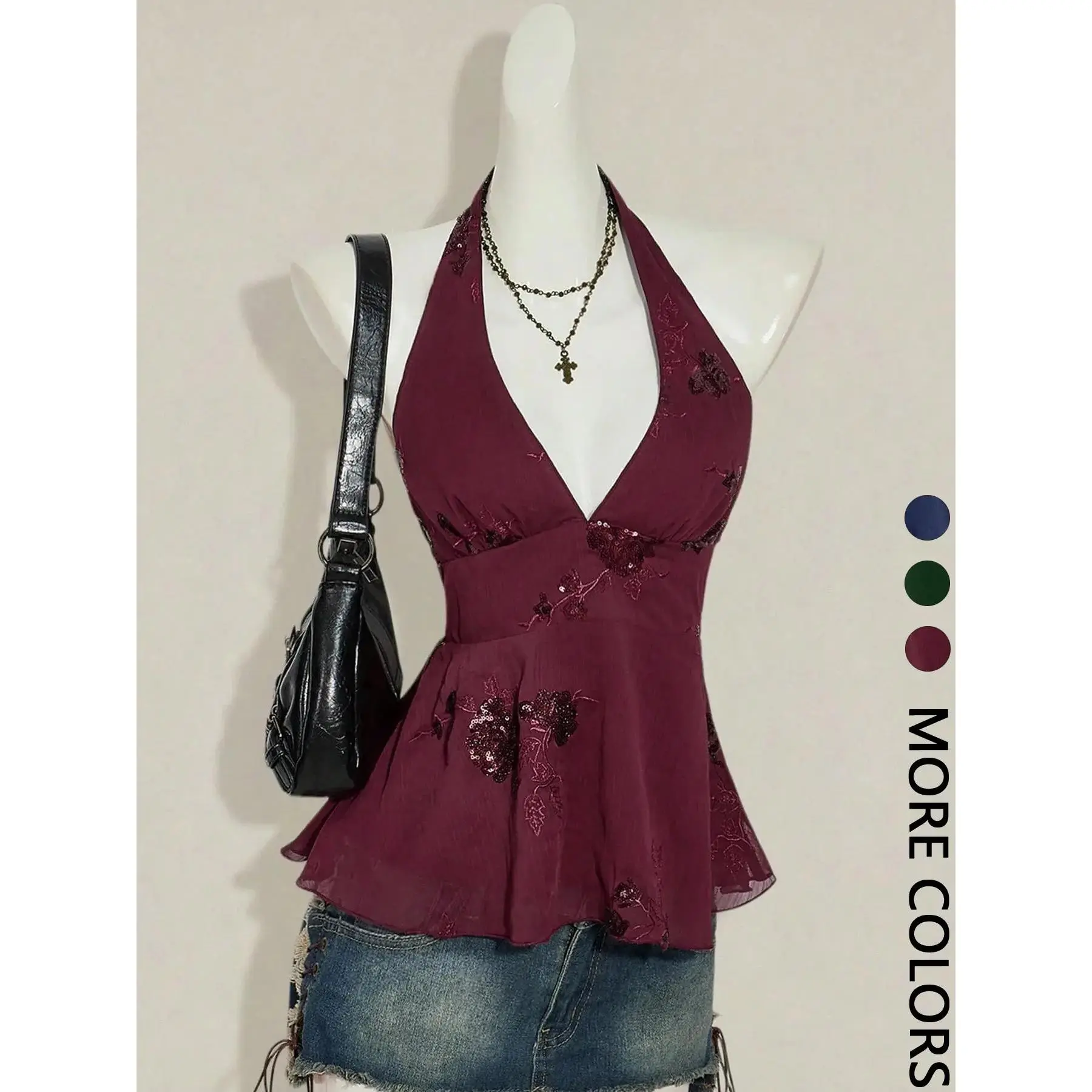 1 Piece Beaded Halter Tank Top |   Euro-American Retro Vibe |   Deep V Design + Sequin Beading |   Elegant Pick for Dinner Parties / Wedding Guests