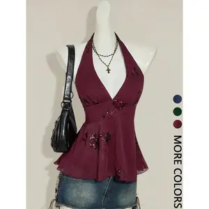 1 Piece Beaded Halter Tank Top |   Euro-American Retro Vibe |   Deep V Design + Sequin Beading |   Elegant Pick for Dinner Parties / Wedding Guests