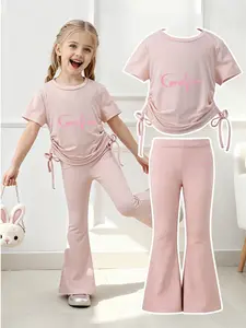 Summer Girls' Set, Coraline Art Letter Pattern, Casual Sweet Cool Style, Home School Outing, Drawstring Short Sleeve Flare Pants Two-Piece