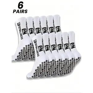 Men's Mid-Calf Cotton Soccer Socks (6 Pairs) - Black & White FS Letter Color Blocking, Silicone Grip, Mesh Ventilation Zones, Moisture-Wicking Quick-Dry Fabric, Hardcore Athletic Style for Game-Ready Performance