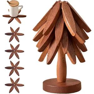 Wooden Trivets for Hot Dishes Tree Shape Trivet Set 4 Walnut Wood 1 Stand Foldable Kitchen Trivet for Hot Dishes Pot Bowl Teapot Hot Pot Holder Walnut Wood