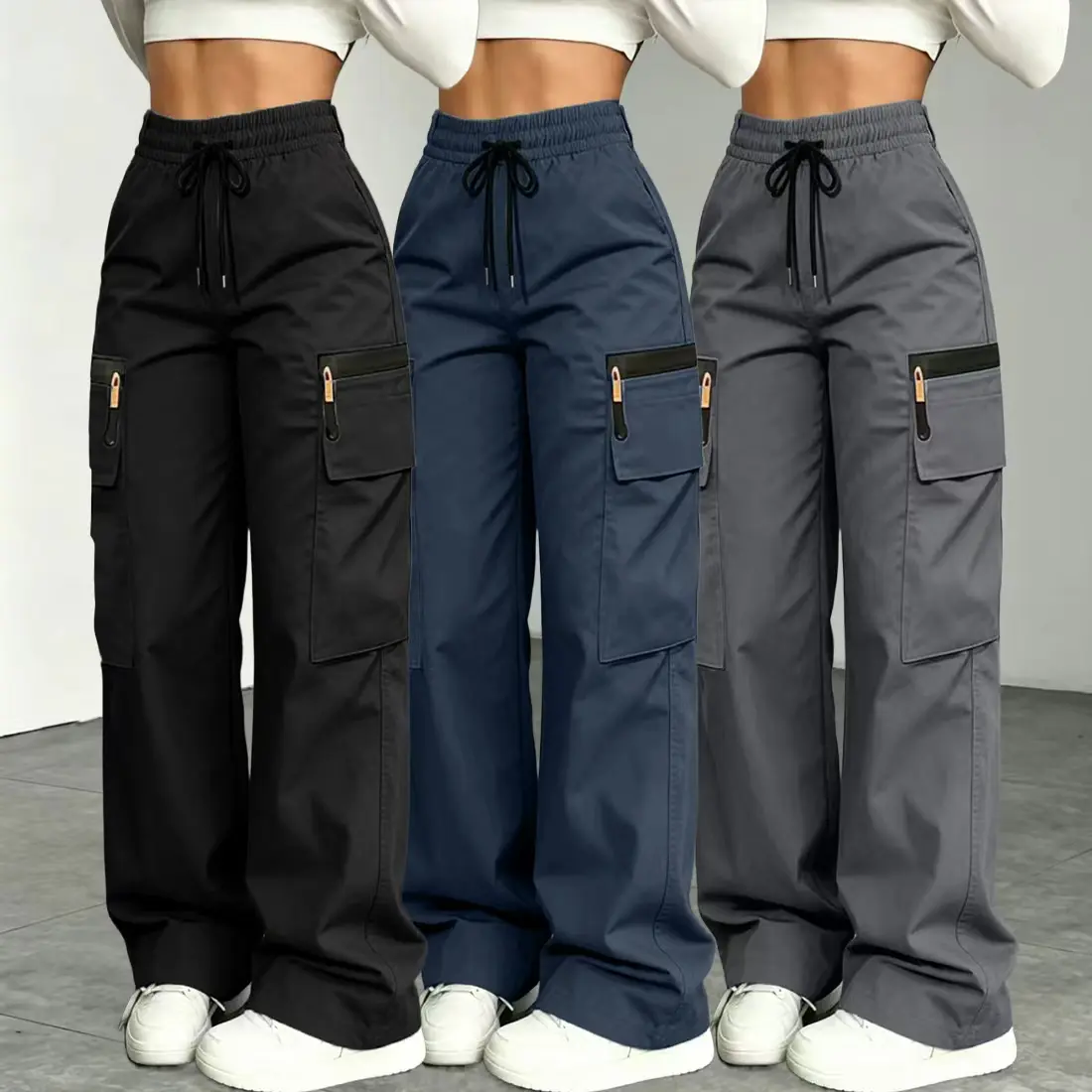 3-pack women’s lightweight cargo casual pants with multiple pockets, decorative zipper (no back pockets), made from 130 g new fabric, suitable for everyday wear and various casual activities (plus sizes available).