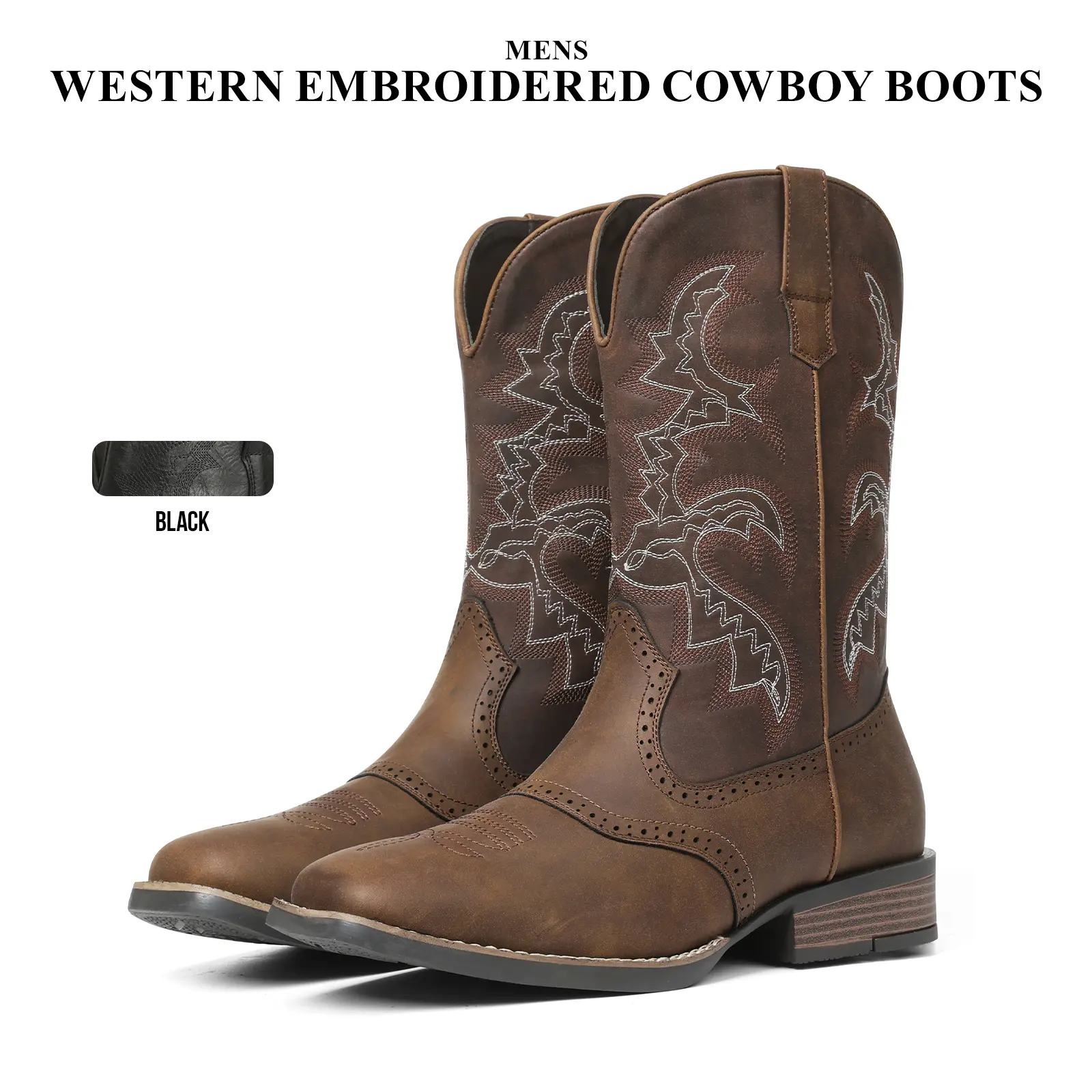 CYNLLIO Mid Calf Cowboy Boots for Men Square Toe Chunky Block Heel Western Embroidered Comfy Fashionable Work Concert Country Wedding Party Holiday Summer Boot Shoes